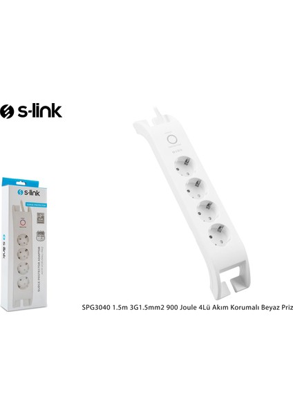 S-link SPG3040 2m 3G1.5mm2 900 Joule 4Lü Akım Korumalı Beyaz Priz