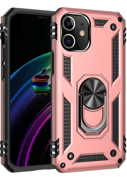 Apple iPhone 12 (5.4'') Kılıf Çift Katmanlı Yüzüklü Manyetik Vega Kapak Rose + Tam Kaplayan 6D Nano Ekran Koruyucu
