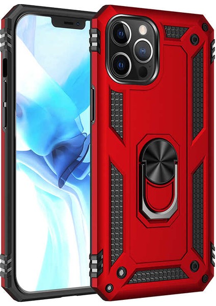 Apple iPhone 12 Max (6.1'') Kılıf Çift Katmanlı Yüzüklü Manyetik Vega Kapak Kırmızı + Tam Kaplayan 5D Cam Ekran Koruyucu