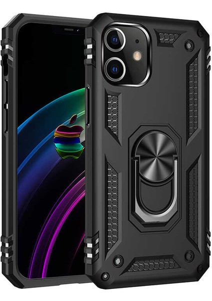 Apple iPhone 12 Pro (6.1'') Kılıf Çift Katmanlı Yüzüklü Manyetik Vega Kapak Siyah + Tam Kaplayan 5D Cam Ekran Koruyucu