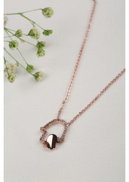 El Figürlü Zirkon Kolye Rose Gold Renk