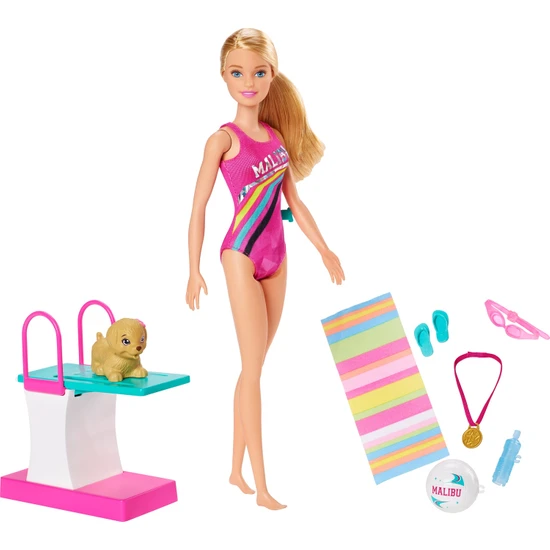Barbie Seyahatte Yüzücü Barbie Oyun Seti - 30 cm Bebek Dalış Tahtası ve Köpeği Dahil GHK23