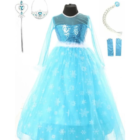 Deha Moda Kız Çocuk Mavi Uzun Kol Tarlatanlı Elsa Elbise 5'li Set