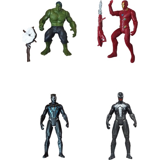Meva Avengers 4'lü Hulk + Ironman + Kara Panter + Venom 16 cm Işıklı Aksesuarlı Figür Seti
