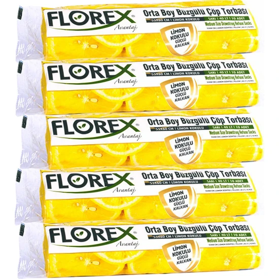 Florex Avantaj Seri Limon Kokulu Büzgülü Orta Boy Çöp Poşeti X 5 Rulo