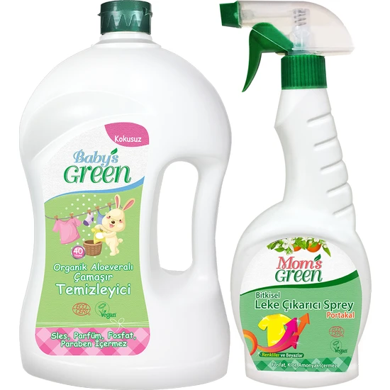 Baby's Green 2'li Set Bebek Çamaşır Deterjanı 40 Yıkama Kokusuz - Bitkisel Leke Çıkarıcı Sprey 750 ml
