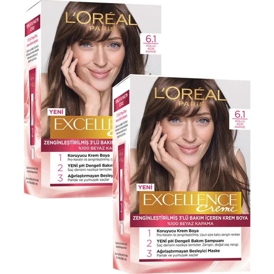 L'Oréal Paris Excellence Creme Saç Boyası - L'oréal Paris Excellence Creme Saç Boyası 6.1 Küllü Açık Kahve x 2