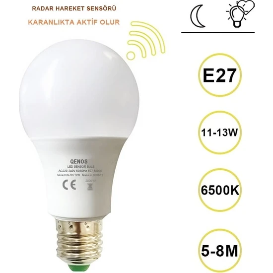 QENOS RADAR SENSÖRLÜ LED AMPUL - 12 WATT E 27 BEYAZ