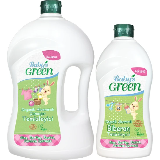 Baby's Green 2'li Set Organik Kokusuz Bebek Çamaşır Deterjanı 1,5 Lt - Organik Biberon Temizleyici 500 ml