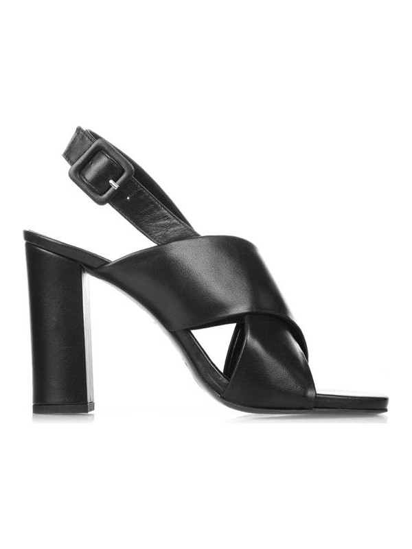 Cengiz Gümüş Siyah Deri Çapraz Topuklu Sandalet
