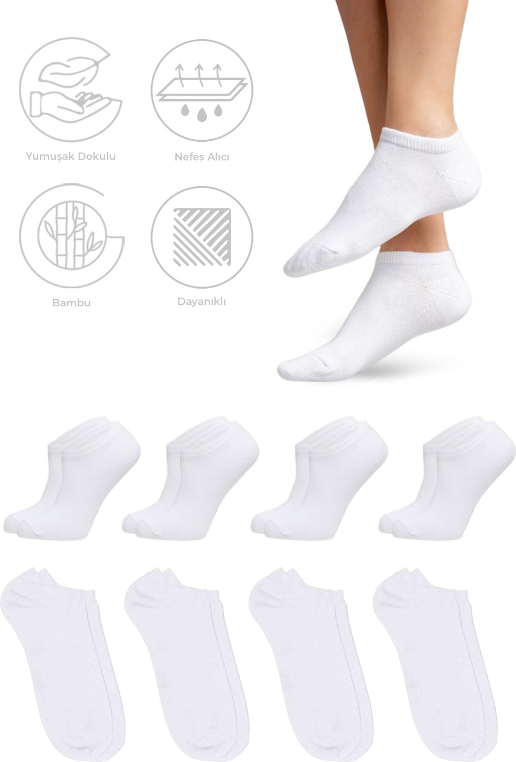 Saysez Bambu Kadın Sneaker Beyaz Çorap Dikişsiz Görünmez Bilekte Spor Çorap Premium 4'lü Paket