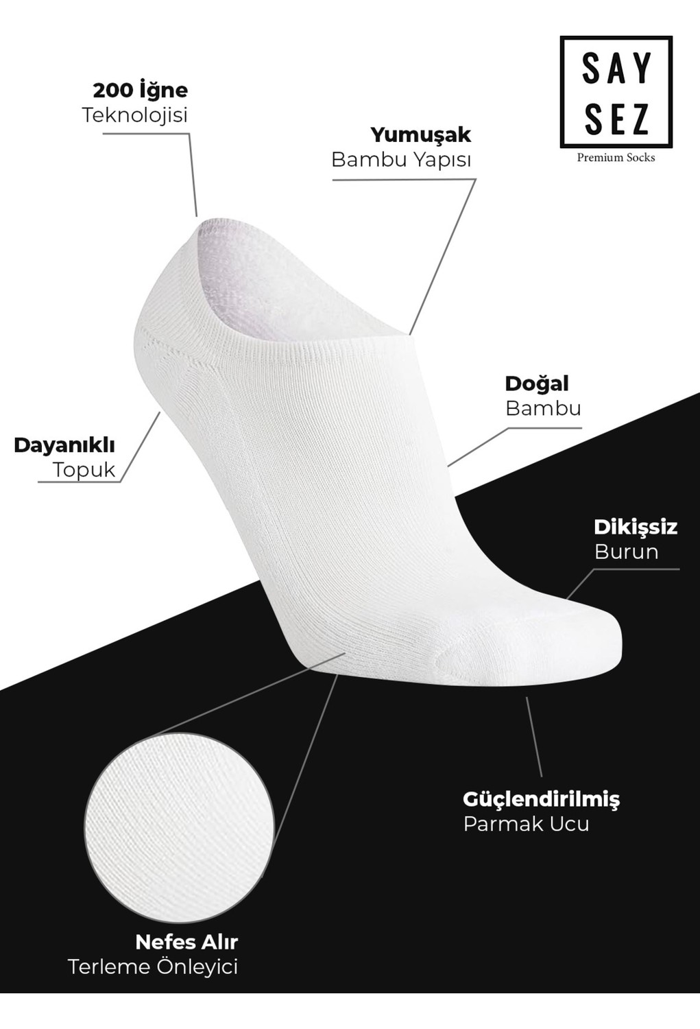 Saysez Bambu Erkek Sneaker Siyah Çorap Dikişsiz Görünmez Bilekte Spor Çorap Premium 4'lü Paket görsel 5