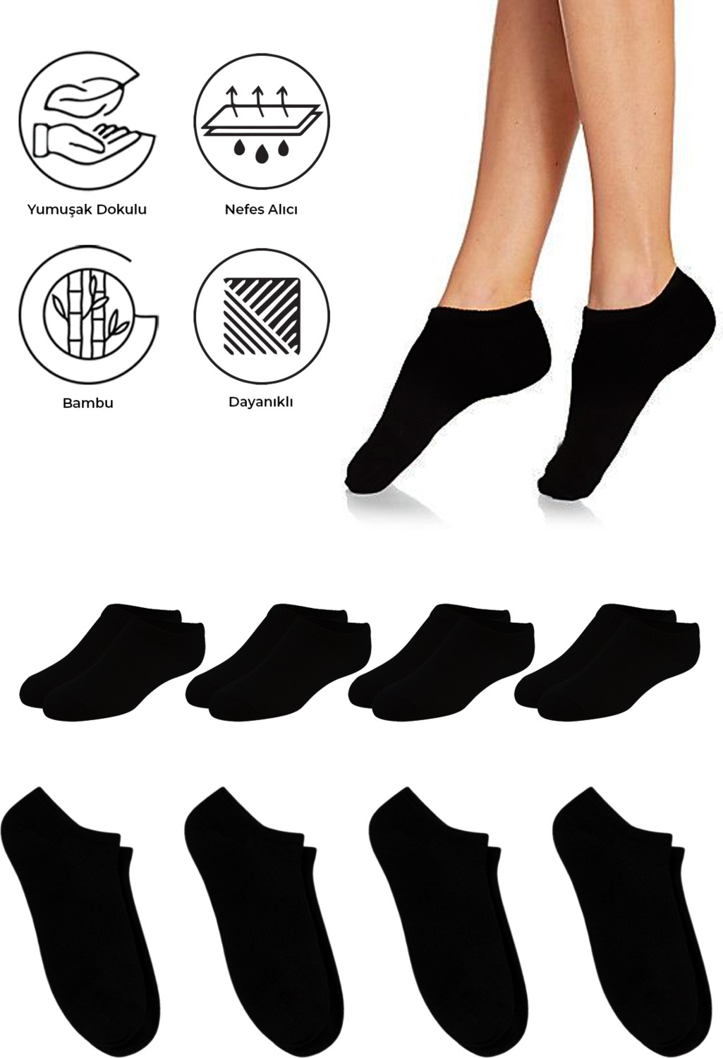 Saysez Bambu Kadın Sneaker Beyaz Çorap Dikişsiz Görünmez Bilekte Spor Çorap Premium 4'lü Paket görsel 8