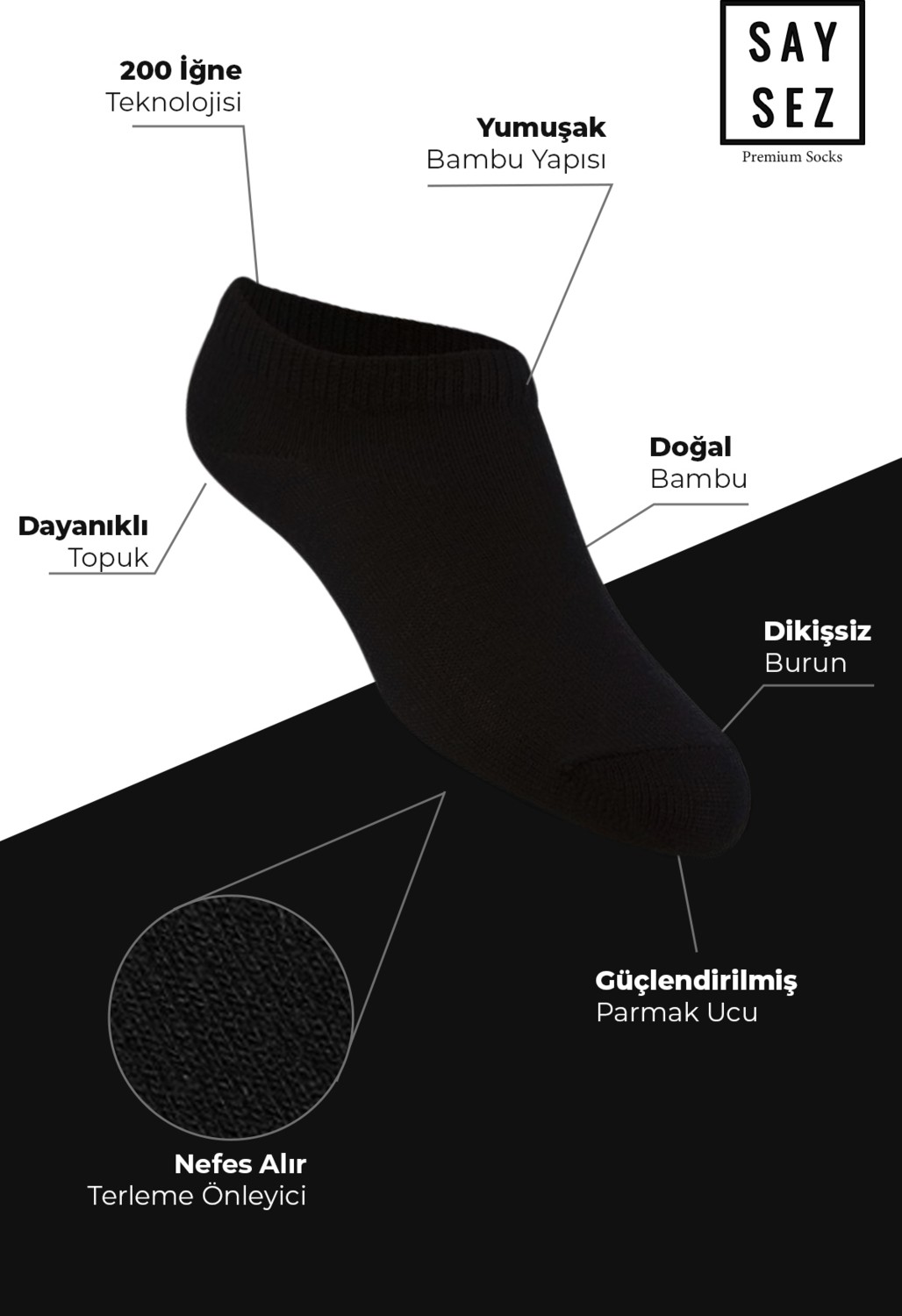 Saysez Bambu Erkek Sneaker Siyah Çorap Dikişsiz Görünmez Bilekte Spor Çorap Premium 4'lü Paket görsel 2