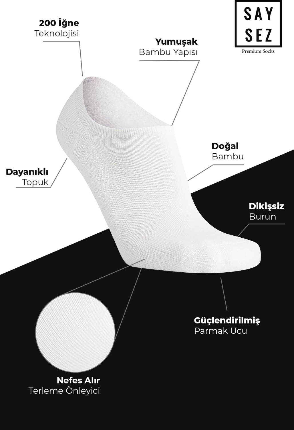 Saysez Bambu Kadın Sneaker Beyaz Çorap Dikişsiz Görünmez Bilekte Spor Çorap Premium 4'lü Paket görsel 2