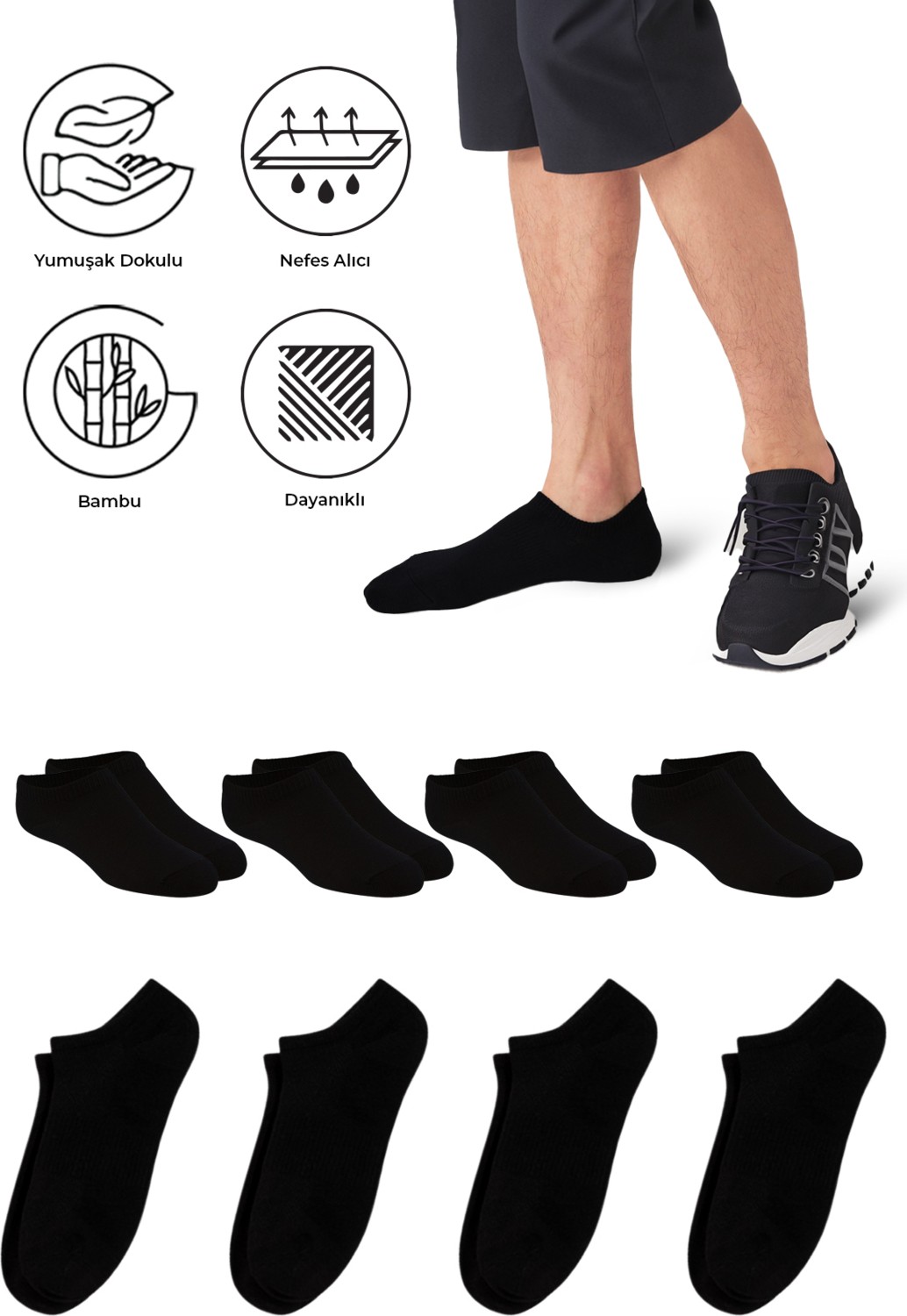 Saysez Bambu Erkek Sneaker Siyah Çorap Dikişsiz Görünmez Bilekte Spor Çorap Premium 4'lü Paket