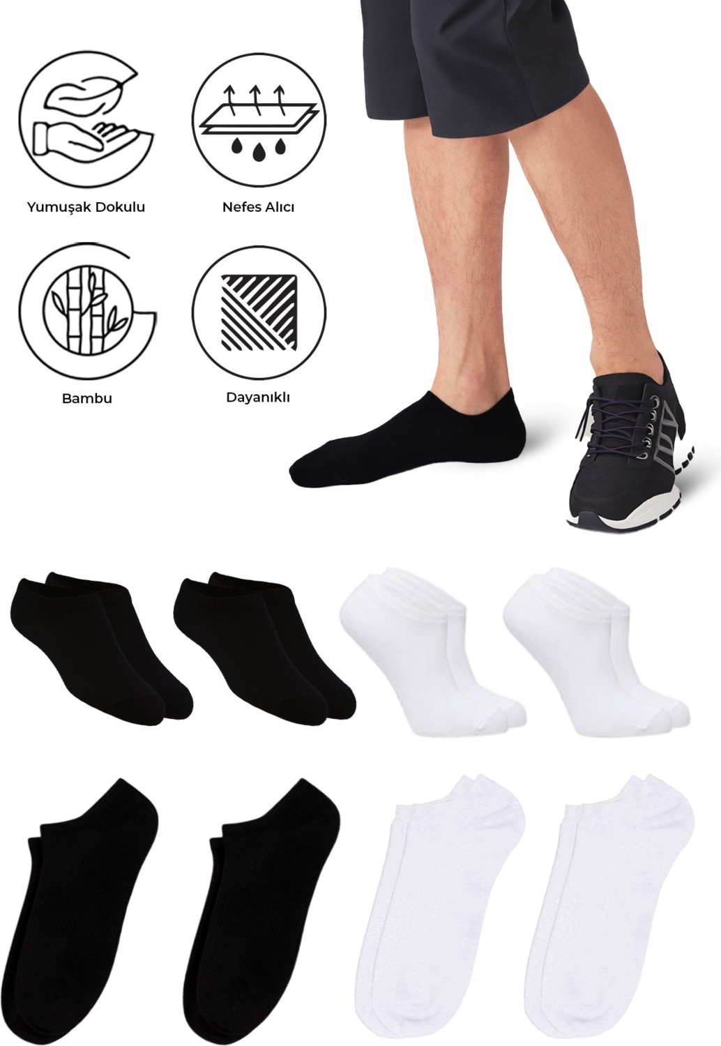 Saysez Bambu Erkek Sneaker Siyah Çorap Dikişsiz Görünmez Bilekte Spor Çorap Premium 4'lü Paket görsel 7