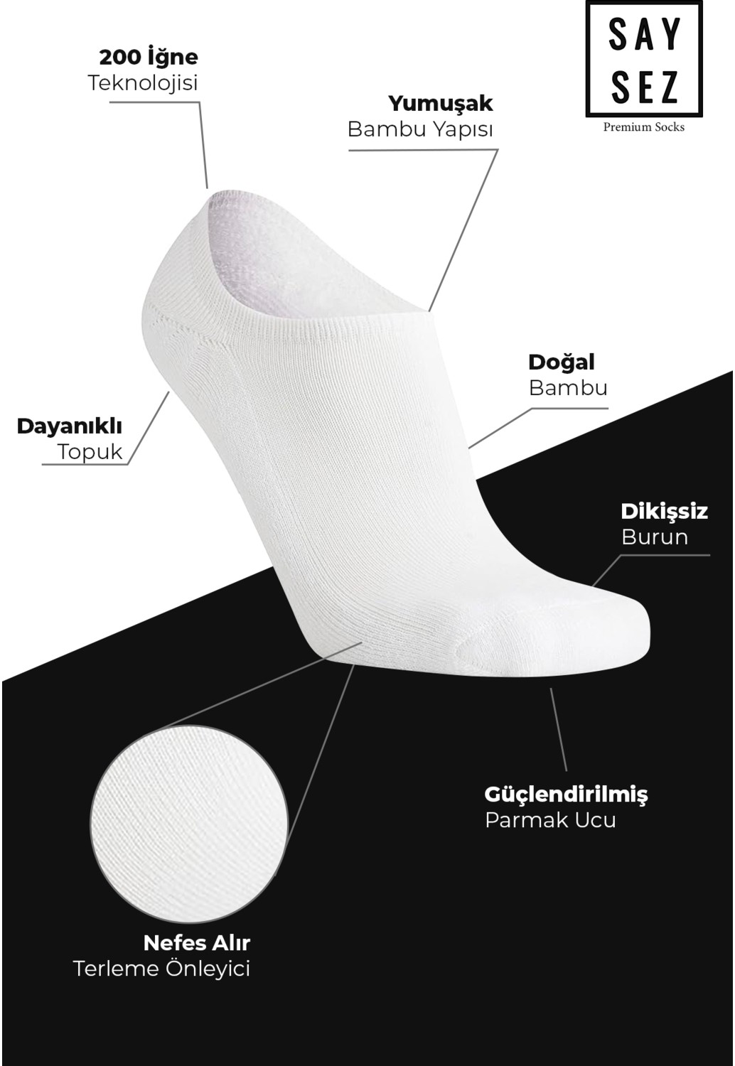 Saysez Bambu Erkek Sneaker Siyah Çorap Dikişsiz Görünmez Bilekte Spor Çorap Premium 4'lü Paket görsel 8