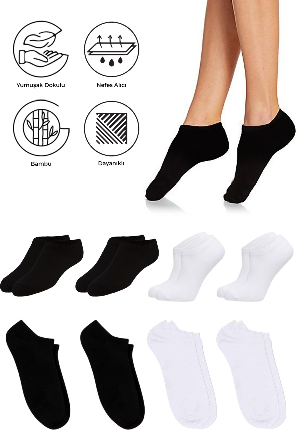 Saysez Bambu Kadın Sneaker Beyaz Çorap Dikişsiz Görünmez Bilekte Spor Çorap Premium 4'lü Paket görsel 4