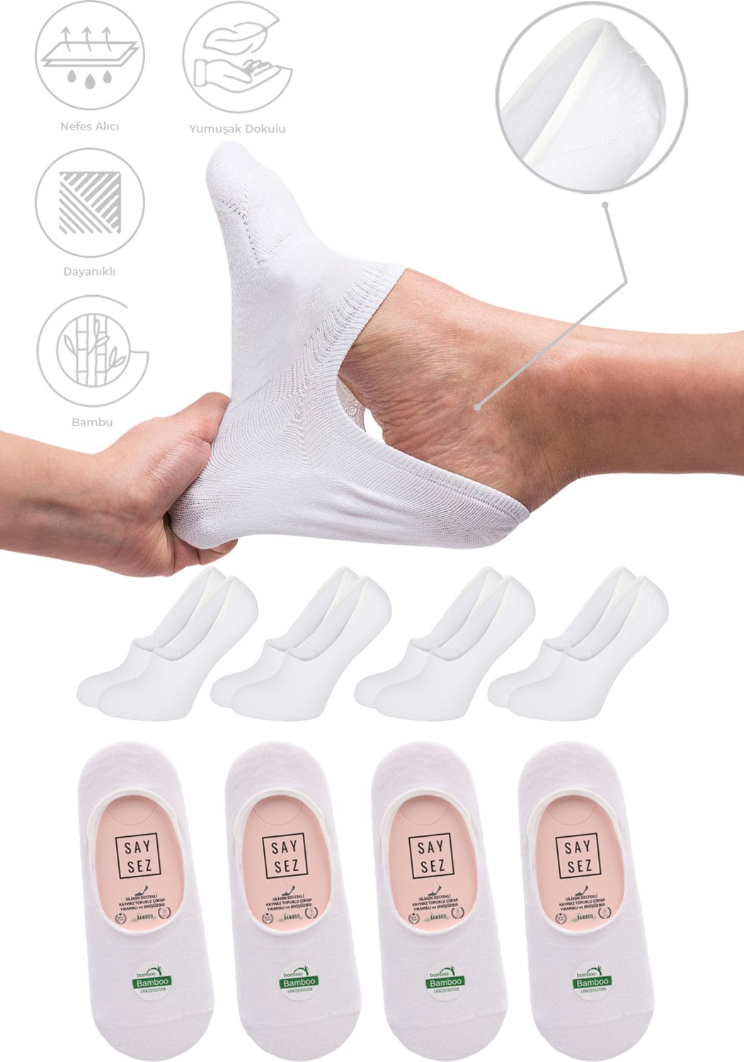 Saysez Bambu Kadın Babet Gri Melanj Çorap Dikişsiz Görünmez Kaydırmaz Topuk Silikonlu Premium 4'lü Paket görsel 5