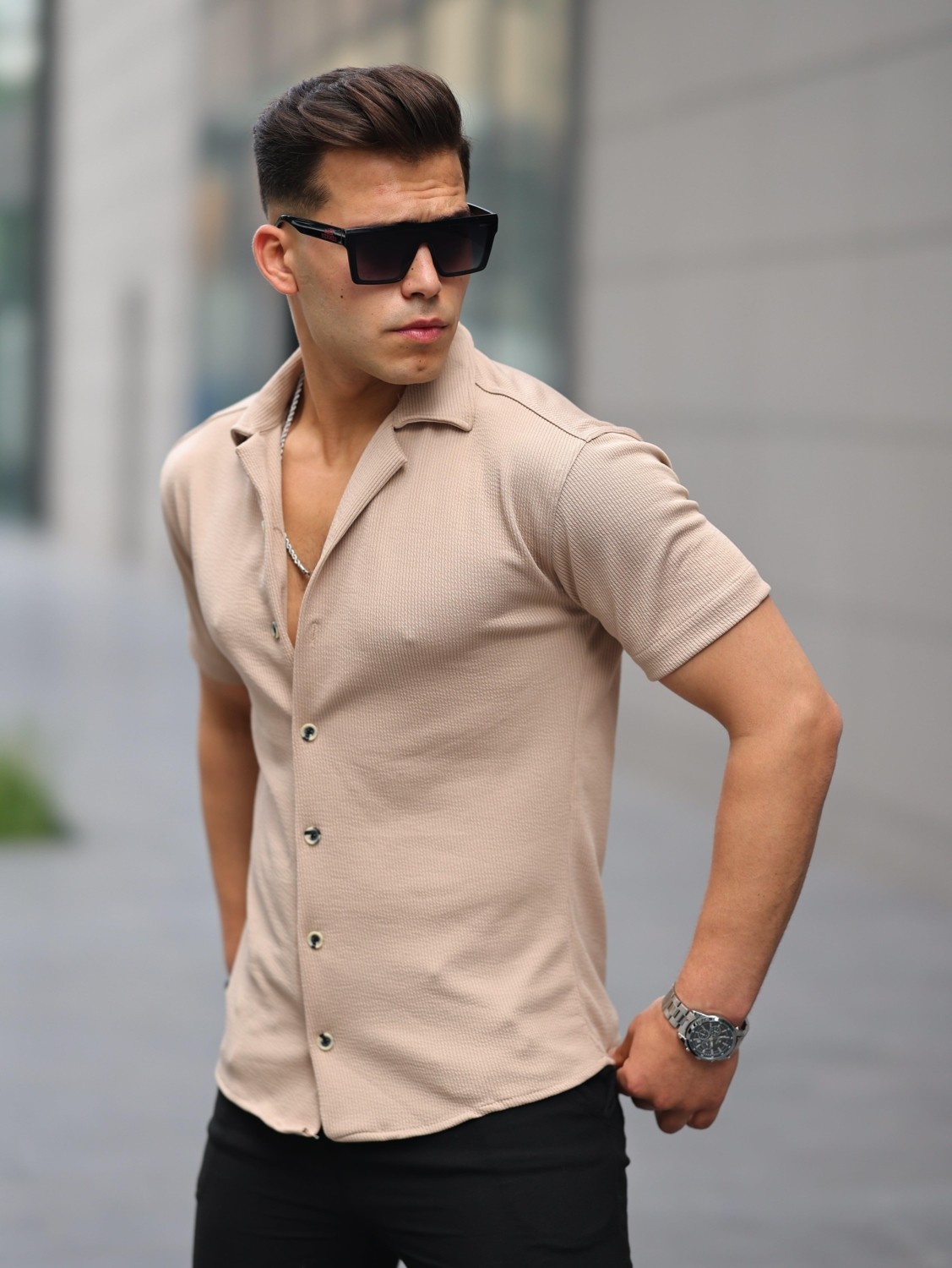 Comstarmoda Erkek Yazlık Likralı Slim Fit Gömlek Yaka Kısa Kollu Gömlek