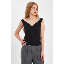 Moda Gerçek Keten V Yaka Siyah Askılı Bluz