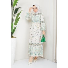BAV Butik Ayvitrin Kadın Otantik Muz Desen Keten Linen Tesettür Elbise