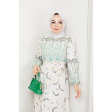 BAV Butik Ayvitrin Kadın Otantik Muz Desen Keten Linen Tesettür Elbise