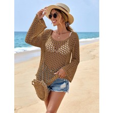 AQE FASHION File Detaylı Yırtmaçlı Bikini Üstü Kolları Valonlu Uzun Kol Pareo Triko Bluz