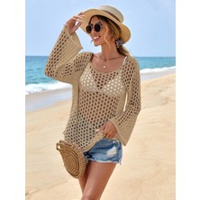 AQE FASHION File Detaylı Yırtmaçlı Bikini Üstü Kolları Valonlu Uzun Kol Pareo Triko Bluz