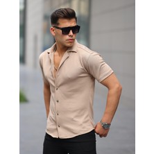 Comstarmoda Erkek Yazlık Likralı Slim Fit Gömlek Yaka Kısa Kollu Gömlek
