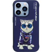 Nimmy iPhone 14 Pro Max Uyumlu | 3D Gerçek Nakış İşlemeli Zincir ve Gözlük Detaylı Kedi Desenli Kılıf