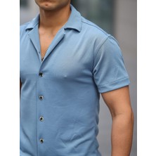 Erkek Yazlık Likralı Slim Fit Gömlek Yaka Kısa Kollu Gömlek