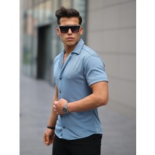 Erkek Yazlık Likralı Slim Fit Gömlek Yaka Kısa Kollu Gömlek