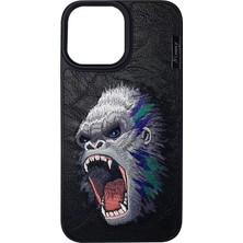 Nimmy iPhone 14 Pro Uyumlu | PU Deri Üstüne 3D Gerçek Nakış İşlemeli King Kong Kılıf, Darbe Emici
