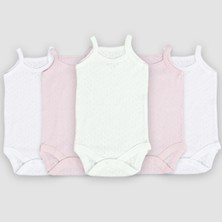 Novibaby 5'li Jakarlı Ip Askılı Bebek Body Zıbın Çıtçıtlı 100% Pamuk - Ekru Pembe Beyaz