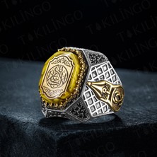 Takılingo 925 Ayar Gümüş La Galibe Illallah Yazılı Kehribar Taşlı Erkek Yüzük