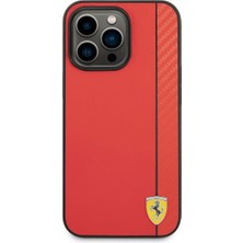 Ferrari iPhone 14 Pro Uyumlu Kılıf Ferrari Magsafe Şarj Özellikli Pu Deri Karbon Şeritli Dizayn Kapak