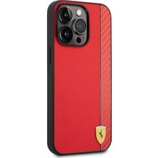 Ferrari iPhone 14 Pro Uyumlu Kılıf Ferrari Magsafe Şarj Özellikli Pu Deri Karbon Şeritli Dizayn Kapak