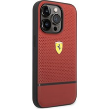 Ferrari iPhone 14 Pro Max Uyumlu Kılıf Ferrari Deri Delikli ve Çizgili Dizayn Kapak