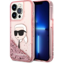 Karl Lagerfeld iPhone 14 Pro Max Uyumlu Kılıf Sıvılı Simli Karl Head Dizayn Kapak