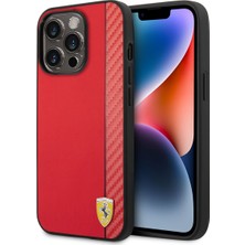 Ferrari iPhone 14 Pro Max Uyumlu Kılıf Ferrari Magsafe Şarj Özellikli Pu Deri Karbon Şeritli Dizayn Kapak