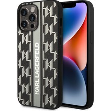 Karl Lagerfeld iPhone 14 Pro Max Uyumlu Kılıf Pu Suni Deri Şerit Dizayn Kapak
