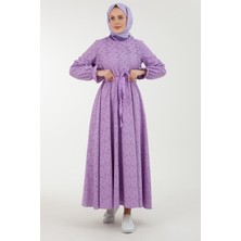 Armine Trend Güpür Detaylı Kolları Lastikli Belden Bağlamalı Elbise-Lila 23YT930