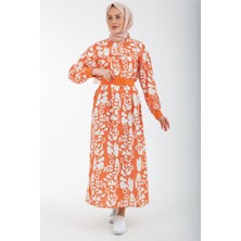 Armine Trend Çiçek Desenli Beli Kemerli Elbise-Turuncu 22K9506