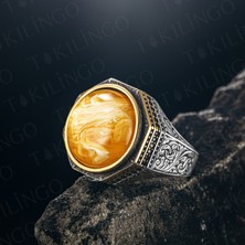 Takılingo 925 Ayar Gümüş Yuvarlak Sarı Kehribar Taşlı Erkek Yüzük
