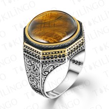Takılingo 925 Ayar Gümüş Kahverengi Kaplangözü Taşlı Erkek Yüzük