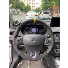İskender Oto Aksesuar Direksiyon Kılıfı Renault Fluence Touch - İcon Megane 3 Alcantara Sport Sarı Şerit Sarı Dikiş Kendir Derisi SÖKÜLMEDEN yapılır Detay deri direksiyon