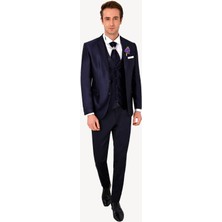 Ysf Erkek Lacivert Slim Fit Mono Yaka Yelekli Damatlık