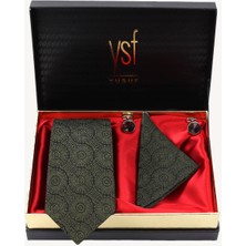 Erkek Yeşil Kravat Mendil Kol Düğmesi Set